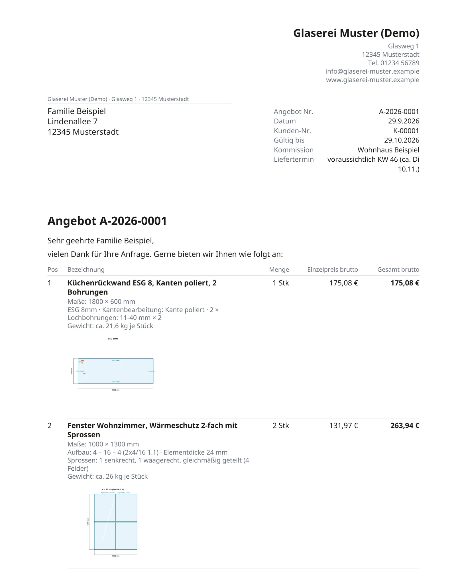 Echtes Angebots-PDF aus glas.help mit Briefkopf, Positionen und bemaßten Skizzen einer Küchenrückwand und eines Isolierglas-Fensters mit Sprossen.